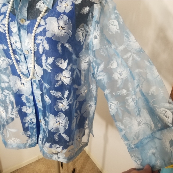 Graff by Um Company Sheer Floral Button Down Blouse Top with Real Pearls Large - Picture 4 of 7